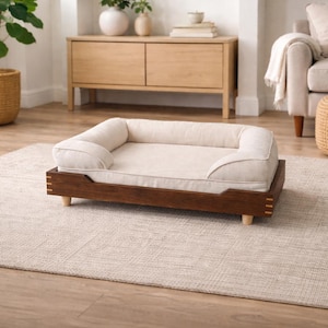 Luxury Hardwood Pet Bed | Solid Walnut and Birch, Danish Oil Finish, Custom Linen Color, Plush Orthopedic Mattress