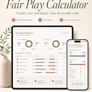 May include: A digital product advertisement for the "Fair Play Calculator" by Evenly Studio. The image shows a tablet and a smartphone displaying the calculator's interface, with data visualizations and text. The text includes "Visualise your contribution. Make the invisible visible."