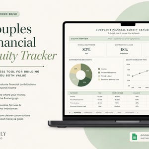 Puede incluir: Un rastreador digital de equidad financiera para parejas en la pantalla de una computadora portátil, que muestra un panel con una puntuación de equidad, un gráfico circular de contribuciones y un gráfico lineal de ingresos y gastos.