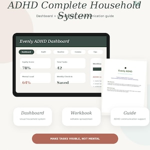 May include: An ADHD Complete Household System graphic with the text "Evenly Studio" and "Make the Invisible Visible." The image includes a dashboard, workbook, and guide. The dashboard shows an equity score of 78% and 42 total tasks.