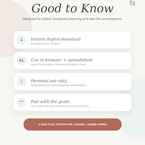 May include: A digital household planning graphic with the text "Good to Know." The image includes bullet points detailing digital downloads, browser use, personal use, and guide pairing. The bottom banner reads "A Practical System for Clearer, Calmer Homes."