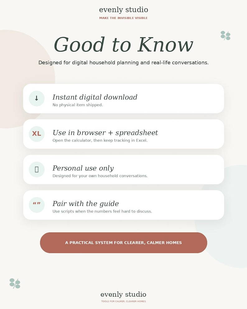 May include: A digital household planning graphic with the text "Good to Know." The image includes bullet points detailing digital downloads, browser use, personal use, and guide pairing. The bottom banner reads "A Practical System for Clearer, Calmer Homes."