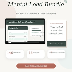 May include: A digital product bundle titled "Mental Load Bundle" with a calculator, spreadsheet, and conversation guide. The image includes a tablet displaying a household balance calculator, a book titled "How to Talk About the Mental Load," and text boxes with task counts.