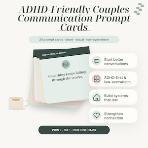 以下が含まれることがあります： 「ADHD-Friendly Couples Communication Prompt Cards」の画像。カードには「Something keeps falling through the cracks」と書かれています。これらのカードは、カップルのコミュニケーションを改善し、システムを構築し、つながりを強化するように設計されています。画像には「Print Cut Pick One Card」の文字も含まれています。