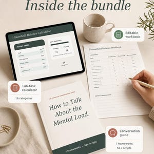May include: An image showcasing a bundle of organizational tools. It includes a tablet displaying a household balance calculator, a workbook, and a book titled "How to Talk About the Mental Load." Additional elements are a mug, a small dish with paper clips, and icons indicating features.