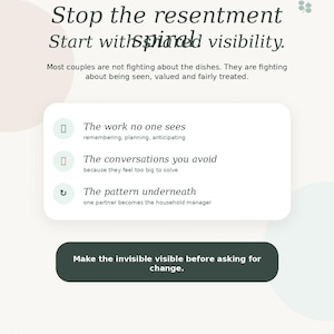 May include: A promotional graphic for Evenly Studio, featuring text in a modern font. The text reads "Stop the resentment, Start with spiraled visibility." Additional text highlights key relationship issues. The graphic uses a soft color palette with a focus on clarity.