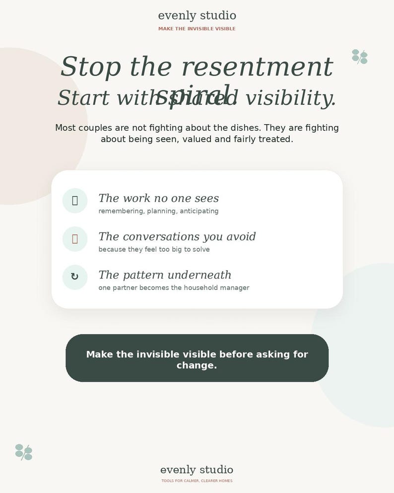 May include: A promotional graphic for Evenly Studio, featuring text in a modern font. The text reads "Stop the resentment, Start with spiraled visibility." Additional text highlights key relationship issues. The graphic uses a soft color palette with a focus on clarity.