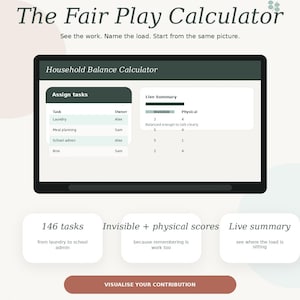 May include: A digital graphic promoting the "Fair Play Calculator" with the text "See the work. Name the load. Start from the same picture." The image includes a calculator interface and task assignments.