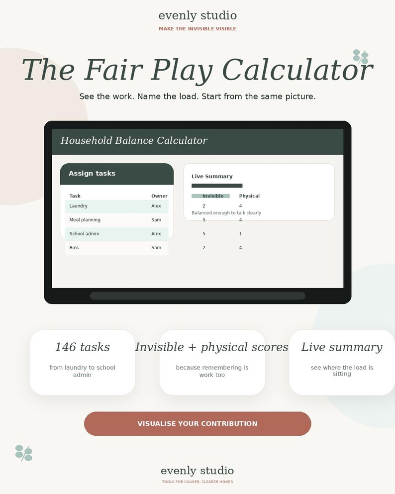 May include: A digital graphic promoting the "Fair Play Calculator" with the text "See the work. Name the load. Start from the same picture." The image includes a calculator interface and task assignments.