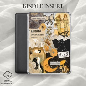 Puede incluir: Una inserción de Kindle con un diseño de collage que incluye la palabra "gemini" y su definición. El diseño incorpora mariposas, flores, ilustraciones y el número "555". También está presente el texto "CURIOUS GIRL". Las palabras "DIGITAL DOWNLOAD" y "KINDLE INSERT" son visibles.