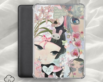 Drömlik flicka Kindle-insats / pastellfärgat estetiskt e-läsarfodral, mjukt kawaii-collage, nyckfull rosa läsardekor / digital nedladdning