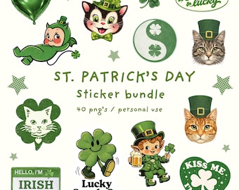 Paquete de pegatinas PNG del Día de San Patricio / Imágenes prediseñadas irlandesas de la suerte, pegatinas para agenda, estética vintage, pegatinas para Cricut / Descarga digital