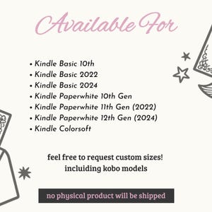 Puede incluir: Gr&aacute;fico color crema con una lista de modelos Kindle: Basic 10th, 2022, 2024, Paperwhite 10th Gen, 11th Gen (2022), 12th Gen (2024) y Colorsoft. Texto: "Available For" y "feel free to request custom sizes! including kobo models."
