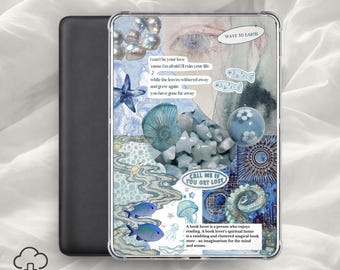 Havsestetisk Kindle-insats / Blått kustnära e-läsarfodral, drömskt havscollage, mjuk blå läsardekor / Digital nedladdning