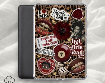 Svart tjej estetisk Kindle-insats / Bokälskare-klistermärken, Heta tjejer läser dekor, genomskinligt fodral utskrivbart, leoparddesign / digital nedladdning