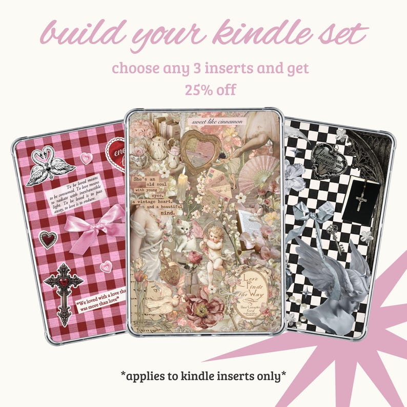 Puede incluir: Tres insertos de Kindle con dise&ntilde;os decorativos. Uno presenta un patr&oacute;n de cuadros rojos y rosas con una cruz y un gr&aacute;fico de cisne. Otro tiene un collage de im&aacute;genes vintage. El tercero tiene un patr&oacute;n de tablero de ajedrez en blanco y negro con alas de &aacute;ngel.