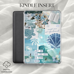 May include: A Kindle Insert with a beach-themed collage design. The design includes images of turtles, seashells, and a palm tree, with the text "SALT AIR AND THE RUST ON YOUR DOOR" and "meet me at the beach". The insert is in a clear case.