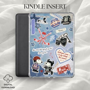 May include: A Kindle Insert with a collage design incorporating hockey-themed stickers, Snoopy characters, and text. The design includes hockey jerseys, a ginger ale can, and the text "Will you come to my cottage this summer". The words "Kindle Insert" and "Digital Download" are also visible.