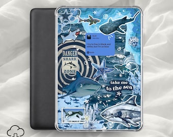 Haj Kindle-insats / Ocean Aesthetic E-läsarfodral, Blått marint collage, Sea Life Kindle-dekor / Digital nedladdning
