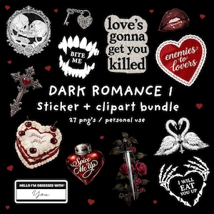 Dark Romance Stickers Bundle PNG – 27 Gothic Printable Clipart For Booklovers, Vintage Journal Scrapbook Graphics, Digital Download Bundle