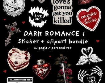 Paket med mörk romantik-klistermärken i PNG – 27 gotiska utskrivbara clipart för bokälskare, vintage-journalgrafik för scrapbooking, paket med digital nedladdning