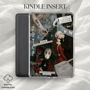 May include: A Kindle Insert with a collage design. The image features a dark background with red roses, a mask, and a couple embracing. Text includes "KINDLE INSERT", "DIGITAL DOWNLOAD", and quotes such as "If you die, I will kill every last one of them."