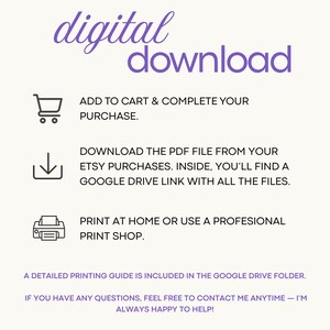 Puede incluir: Gr&aacute;fico de descarga digital con instrucciones. El texto "digital download" est&aacute; en p&uacute;rpura. Las instrucciones incluyen agregar al carrito, descargar un PDF e imprimir en casa o en una tienda profesional.