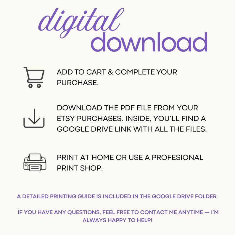 Puede incluir: Gr&aacute;fico de descarga digital con instrucciones. El texto "digital download" est&aacute; en p&uacute;rpura. Las instrucciones incluyen agregar al carrito, descargar un PDF e imprimir en casa o en una tienda profesional.