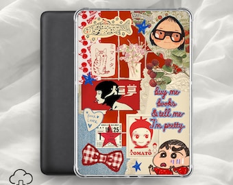 Kawaii Retro Kindle-insats / Söt Vintage E-läsarfodral, Bokälskare-collage, Japansk Estetisk Läsardekor / Digital Nedladdning