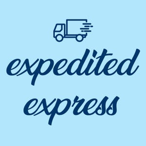 May include: A light blue graphic with a dark blue outline of a delivery truck above the words "expedited express" in a cursive font. The background is a solid light blue.