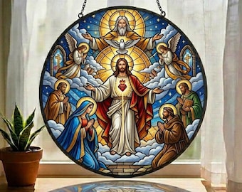 Sacred Heart Jesus Stained Glass Suncatcher, Angels Window Hanging, Religious Decor