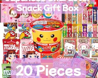 May include: A colorful gift box filled with 20 pieces of Japanese snacks. The box includes various treats, such as instant noodles, candies, and cookies, featuring popular cartoon characters. The packaging is vibrant with a variety of colors.