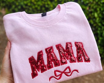 Sudadera con lentejuelas bordadas para mamá, cuello redondo rosa con la palabra MAMA, nombre personalizado en la manga, suéter para mamá con bordado brillante, regalo para el Día de la Madre.