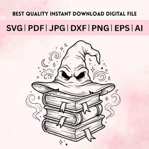 May include: A black and white digital illustration of a pointed, expressive wizard hat resting on a stack of three books. The design includes swirling smoke, stars, and crescent moons. Text at the top reads: BEST QUALITY INSTANT DOWNLOAD DIGITAL FILE SVG | PDF | JPG | DXF | PNG | EPS | AI.