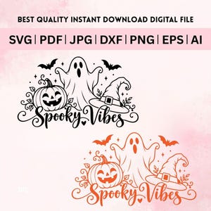 Może przedstawiać: Cyfrowy projekt graficzny przedstawiający czarną i pomarańczową wersję ilustracji na Halloween. Każdy wzór zawiera dynię, ducha, kapelusz czarownicy, nietoperze oraz napis Spooky Vibes wykonany ozdobną czcionką pisankową.