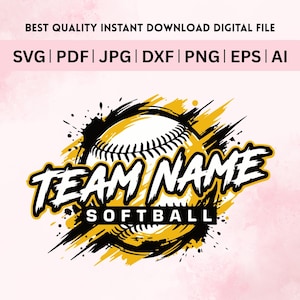 May include: A digital design featuring a softball with the words "TEAM NAME SOFTBALL" in bold, white and yellow lettering. The design includes the text "BEST QUALITY INSTANT DOWNLOAD DIGITAL FILE" and file type options.