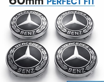 4x Mercedes 60mm Wheel Center Caps Black Silver Nabendeckel Felgendeckel Benz Rim Caps Set Glossy