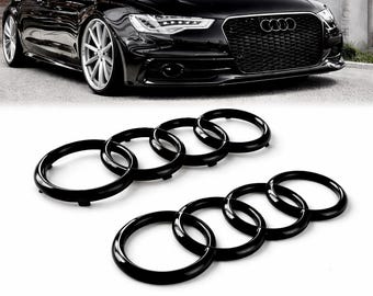 Audi Ringe Emblem Schwarz Glänzend 273mm 192mm – 2er Set Front und Heck Logo Badge für Audi A1 A3 A4 A5 Kühlergrill Kofferraum Emblem