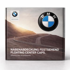 May include: A box featuring the BMW logo and text. The box has a scenic background of a road winding through a mountain landscape. Text on the box reads "NABENABDECKUNG FESTSEHEND FLOATING CENTER CAPS."
