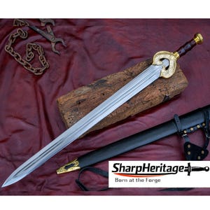 Unofficial Herugrim Inspired Fantasy Long Sword, 28 Inch Steel Blade, Handcrafted Guard and Pommel, Black Leather Scabbard