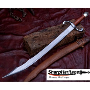 Hand Forged Scimitar Sword, Curved 5160 Carbon Steel Blade, Satin Finish, Wood Handle, Collector Sword with Brown Leather Sheath