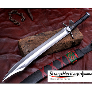 May include: A silver-coloured metal sword with a black handle and a distinctive fan-shaped crossguard. The sword is accompanied by a black scabbard featuring red and green leather lacing. The text SharpHeritage Born at the Forge is visible.