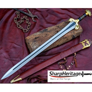 Handmade Fantasy Long Sword, 31 Inch Steel Blade, Black and Gold Handle, Brown Leather Scabbard -sword from Movie, Forged in Nepal