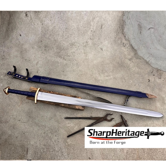 Northern Lights Viking Sword Handmade Steel Blade with Blue Leather Handle, Copper Fittings and Leather Scabbard