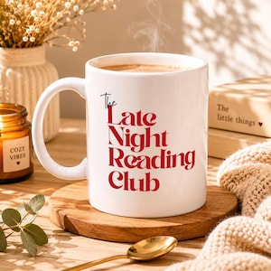 Tazza per il club di lettura notturna, tazza da caffè per amanti dei libri, regalo accogliente per lettori, tazza in ceramica da 325 ml per topi di biblioteca e bibliofili