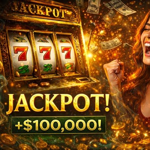 May include: A woman celebrates a jackpot win in a casino setting. The image features a slot machine with three sevens, the word "JACKPOT!" in large gold letters, and the text "+$100,000!". Gold coins and dollar bills are scattered throughout the scene.
