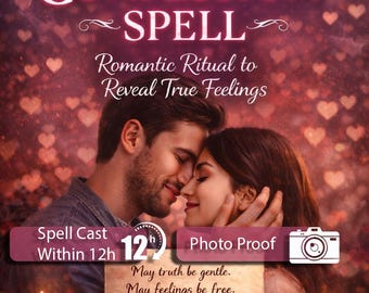 May include: A digital graphic titled LOVE CONFESSION SPELL featuring a couple embracing amidst floating hearts. Text includes Romantic Ritual to Reveal True Feelings, Spell Cast Within 12h, Photo Proof, and a poem: May truth be gentle. May feelings be free. If love exists between us, let it speak openly.