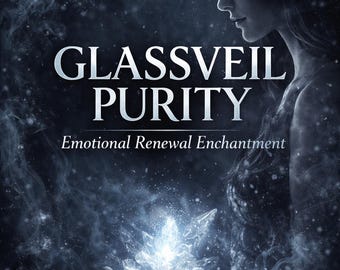 May include: A digital art image with the text "GLASSVEIL PURITY" and "Emotional Renewal Enchantment". A woman's silhouette holds a glowing crystal formation. The background is a dark, smoky blue.