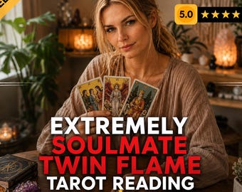 May include: A person holding three tarot cards with illustrations of figures, with text overlay reading EXTREMELY SOULMATE TWIN FLAME TAROT READING HALF HOUR DETAILED, BEST SELLER, and a 5.0 star rating icon.