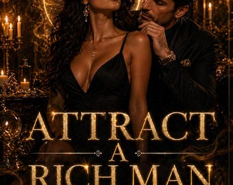 May include: Image of a book cover with the title "ATTRACT A RICH MAN" in gold glitter lettering. A woman in a black dress is embraced by a man in a suit. The words "Sugar Daddy Spell" are written below the title.